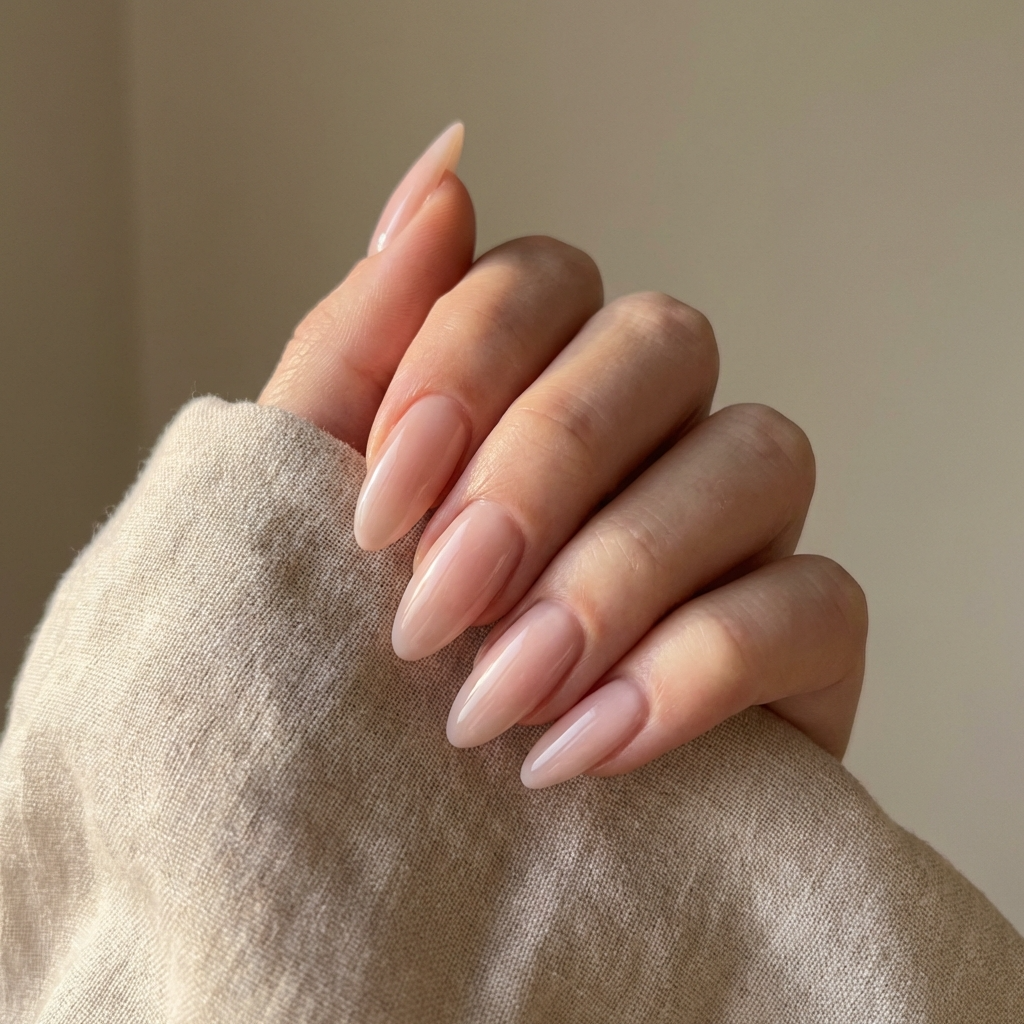 Manicura profesional con acabado brillante en uñas naturales sanas, fondo neutro beige, estilo elegante para artículo sobre mejores bases para uñas débiles de Onyx Nails.